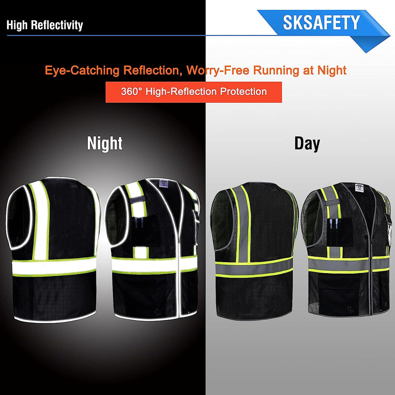 10 Pockets Safety Vest, Class 2 High Visibility Security with Zipper Double-sided mesh, Hi Vis Vest with Reflective Strips, ANSI/ISEA Standard, Construction Work Vest Black