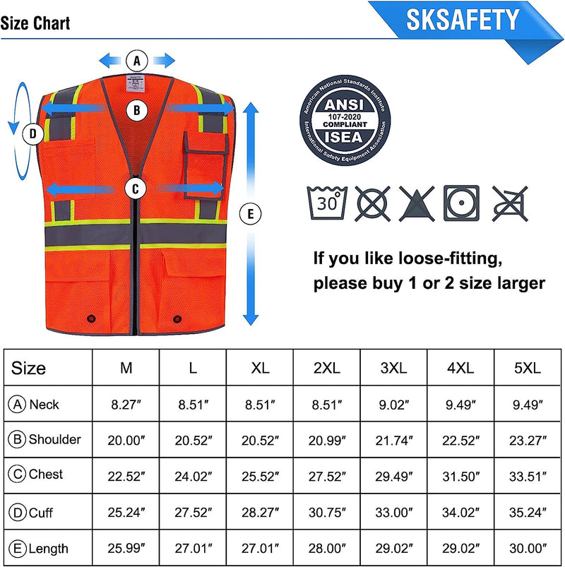 10 Pockets Safety Vest, Class 2 High Visibility Security with Zipper Double-sided mesh, Hi Vis Vest with Reflective Strips, ANSI/ISEA Standard, Construction Work Vest Orange