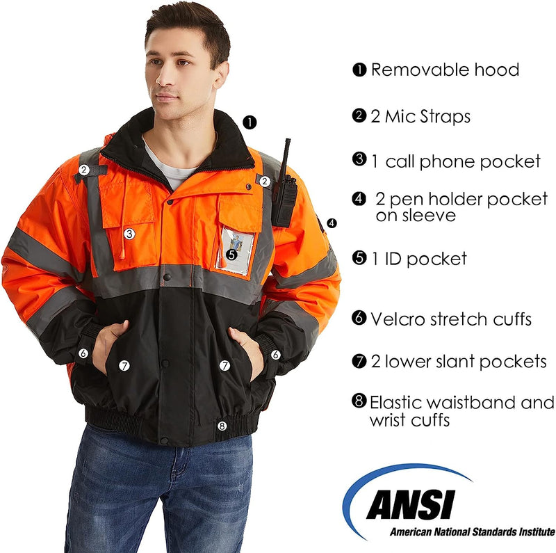 High Visibility Reflective Jackets for Men, Waterproof Class 3 Safety Jacket with Pockets, Hi Vis Orange Coats with Black Bottom, Mens Work Construction Coats for Cold Weather,2XL