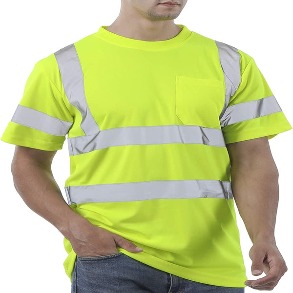 Hi Vis T Shirt Class 3 High Visibility Shirts for Men Safety Shirts with Reflective Strips and Pocket Breathable Construction Work Mesh Short Sleeve Yellow