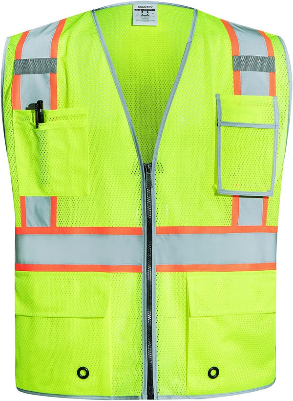 10 Pockets Safety Vest, Class 2 High Visibility Security with Zipper Double-sided mesh, Hi Vis Vest with Reflective Strips, ANSI/ISEA Standard, Construction Work Vest