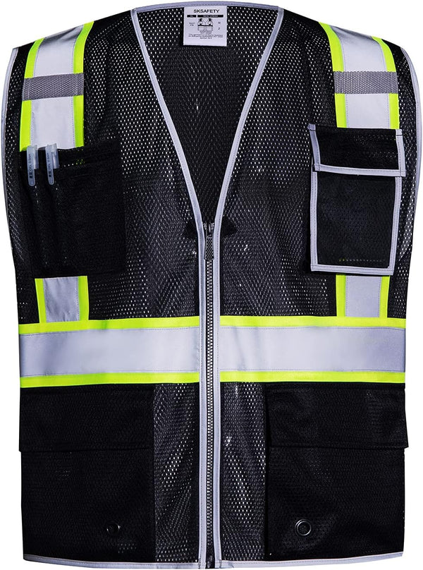 10 Pockets Safety Vest, Class 2 High Visibility Security with Zipper Double-sided mesh, Hi Vis Vest with Reflective Strips, ANSI/ISEA Standard, Construction Work Vest Black