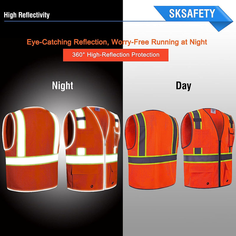 10 Pockets Safety Vest, Class 2 High Visibility Security with Zipper Double-sided mesh, Hi Vis Vest with Reflective Strips, ANSI/ISEA Standard, Construction Work Vest Orange
