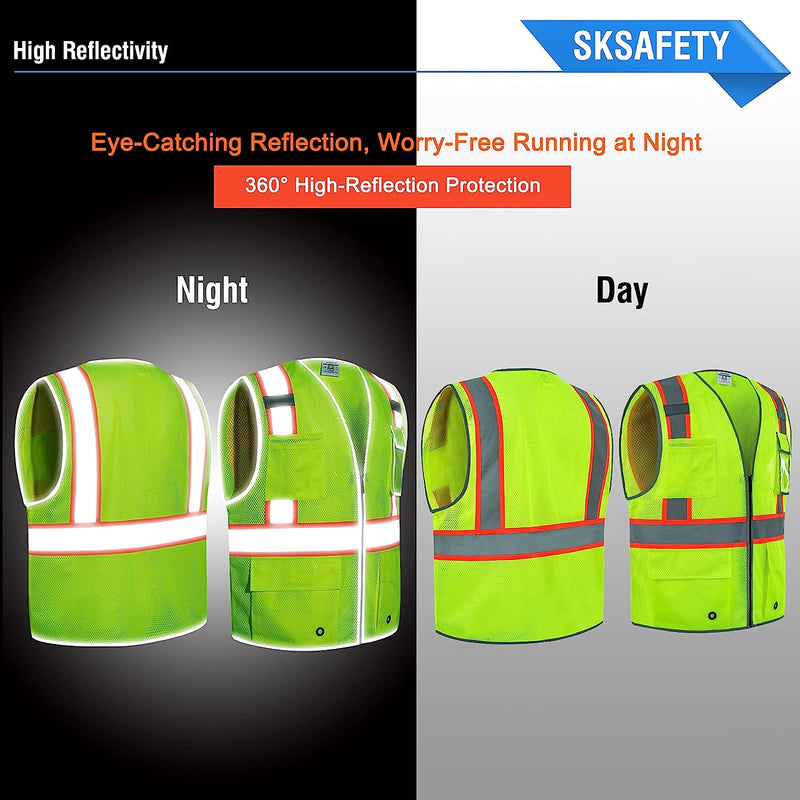 10 Pockets Safety Vest, Class 2 High Visibility Security with Zipper Double-sided mesh, Hi Vis Vest with Reflective Strips, ANSI/ISEA Standard, Construction Work Vest