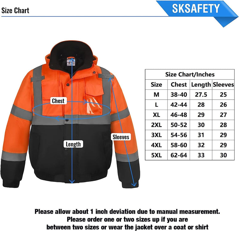 High Visibility Reflective Jackets for Men, Waterproof Class 3 Safety Jacket with Pockets, Hi Vis Orange Coats with Black Bottom, Mens Work Construction Coats for Cold Weather,2XL