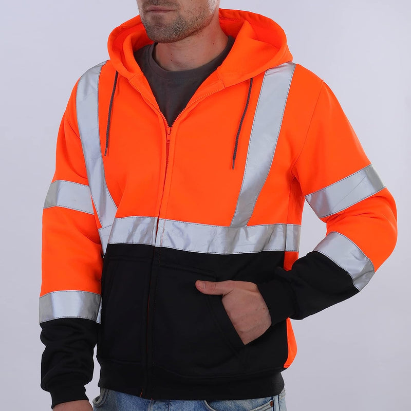 High Visibility Safety Sweatshirt for Men, Class 3 Reflective Zippered Hooded Sweatshirt, Hi-Vis Safety Hoodie with Black Bottom, Orange