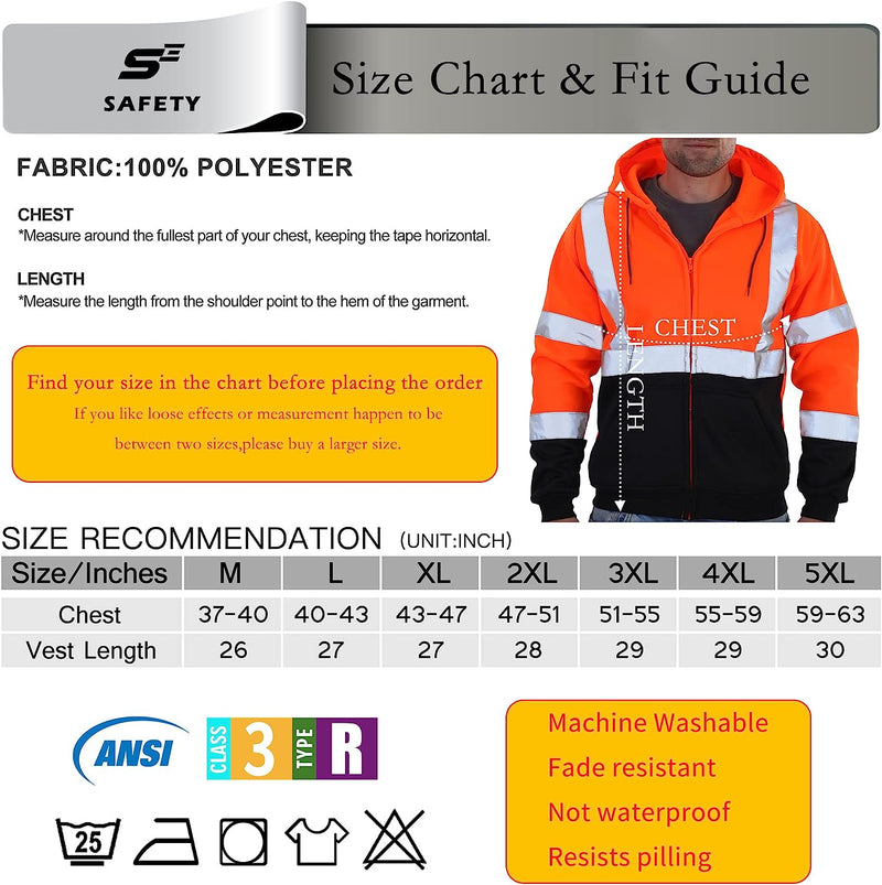High Visibility Safety Sweatshirt for Men, Class 3 Reflective Zippered Hooded Sweatshirt, Hi-Vis Safety Hoodie with Black Bottom, Orange