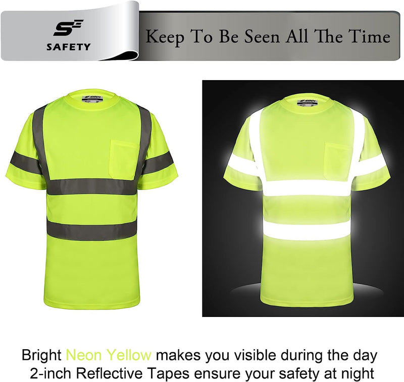 Hi Vis T Shirt Class 3 High Visibility Shirts for Men Safety Shirts with Reflective Strips and Pocket Breathable Construction Work Mesh Short Sleeve Yellow