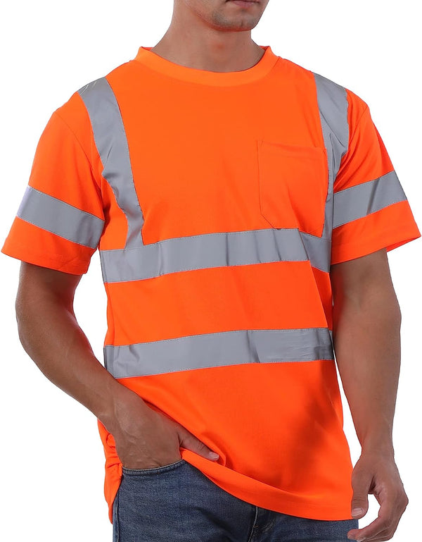 High Visibility Shirts for Men Hi-Vis Construction Work Shirt with Pocket and Reflective Strips Safety Short Sleeve Tshirt Class 3 Orange