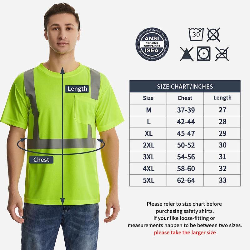 High Visibility Classic T-Shirts Quick Dry Class 2 Safety Shirts for Men＆Women, Quick Dry Reflective Short Sleeve Breathable Birdeyes T-Shirt with Pocket for Construction Work Yellow