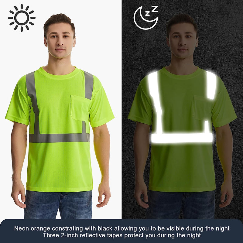 High Visibility Classic T-Shirts Quick Dry Class 2 Safety Shirts for Men＆Women, Quick Dry Reflective Short Sleeve Breathable Birdeyes T-Shirt with Pocket for Construction Work Yellow