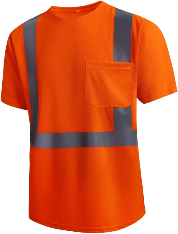 High Visibility Classic T-Shirts Quick Dry Class 2 Safety Shirts for Men＆Women, Quick Dry Reflective Short Sleeve Breathable Birdeyes T-Shirt with Pocket for Construction Work. Large Orange