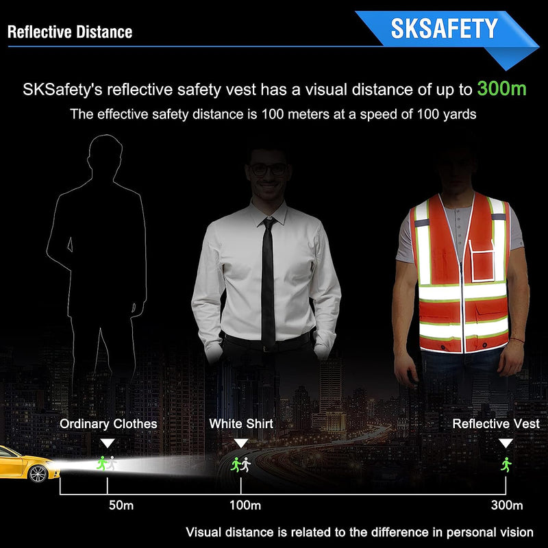 10 Pockets Safety Vest, Class 2 High Visibility Security with Zipper, Hi Vis Vest with Reflective Strips, ANSI/ISEA Standard, Construction Work Vest for Men ＆ Women Orange